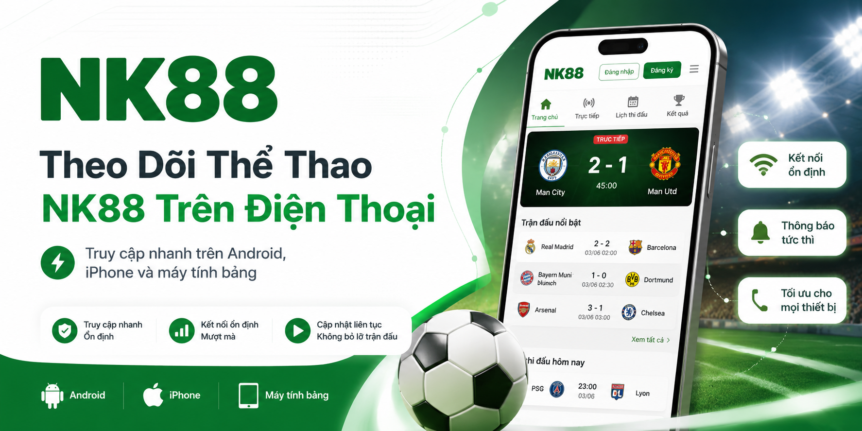 Theo dõi thể thao NK88 trên điện thoại
